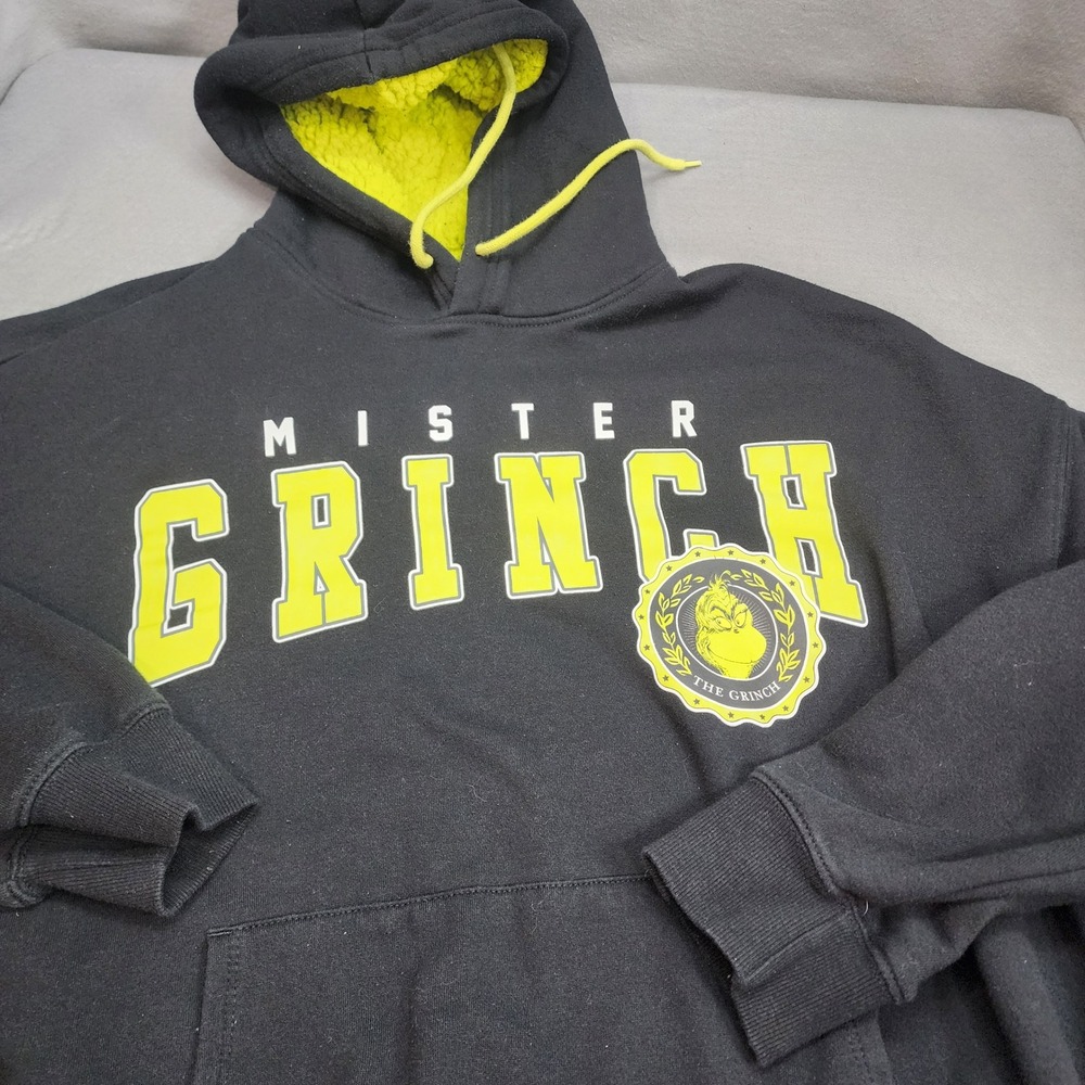 Mister Grinch Black Hoodie Neon Yellow Lined Hood Grinchmas‎ Pullover Sz L